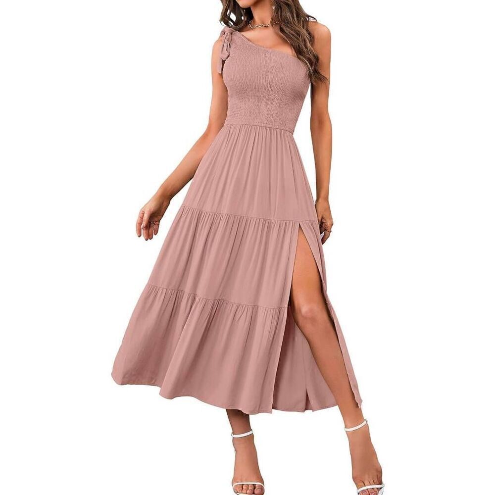 Merokeety Boho One Shoulder Side Split Tiered Smocked Midi Dress Size Small